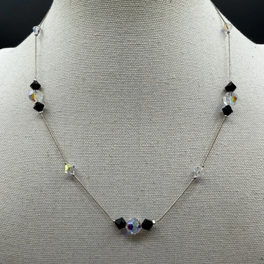 Black Clear AB Crystal Beaded Silver Tone Necklace Minimalist Y2K Sparkle Gift